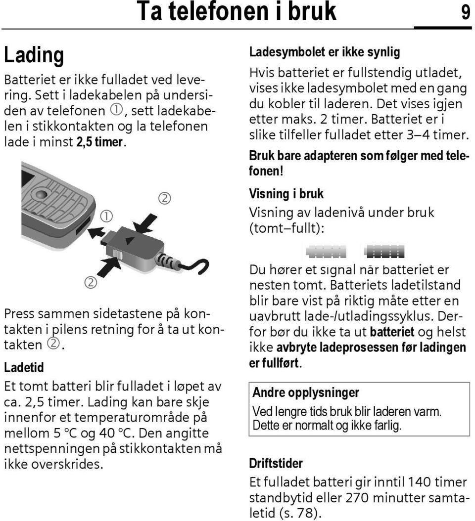 Batteriet er i slike tilfeller fulladet etter 3 4 timer. Bruk bare adapteren som følger med telefonen!