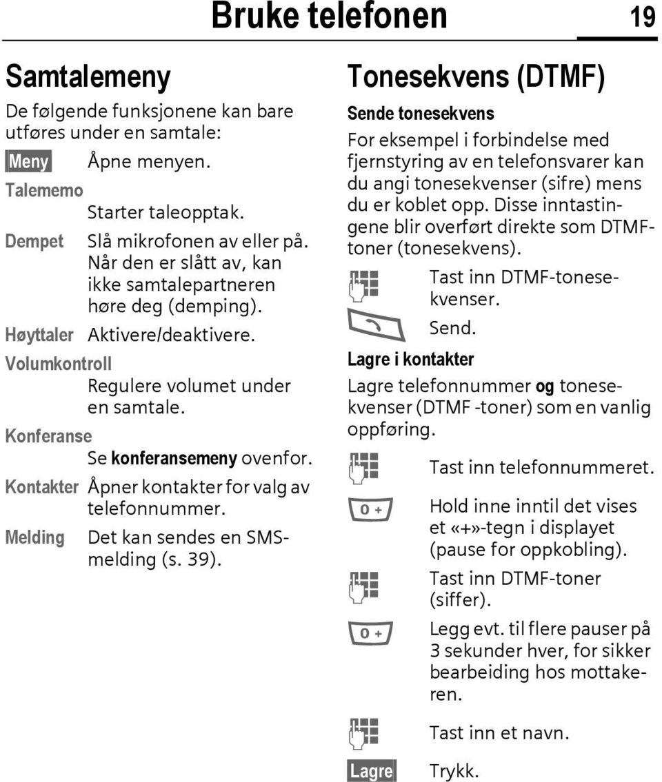 Kontakter Åpner kontakter for valg av telefonnummer. Melding Det kan sendes en SMSmelding (s. 39).