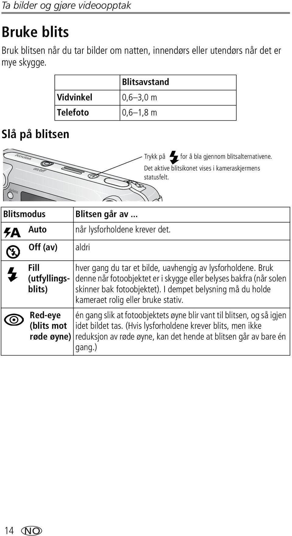 .. Auto når lysforholdene krever det. Off (av) Fill (utfyllingsblits) Red-eye (blits mot røde øyne) aldri hver gang du tar et bilde, uavhengig av lysforholdene.