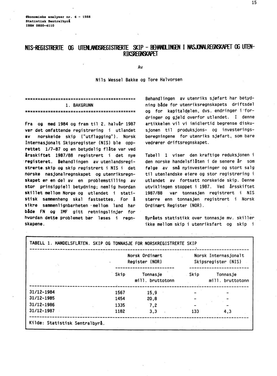 BAKGRUNN Fra og med 1984 og fram til 2. halvår 1987 var det omfattende registrering i utlandet av norskeide skip ("utflagging").