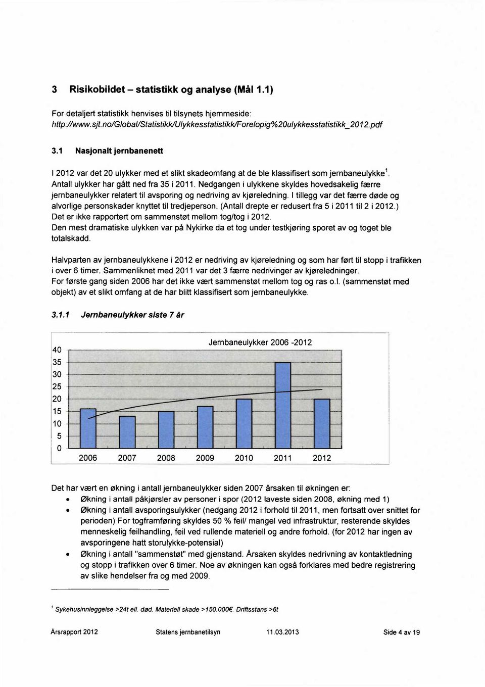 Nedgangen i ulykkene skyldes hovedsakelig færre jernbaneulykker relatert til avsporing og nedriving av kjøreledning. I tillegg var det færre døde og alvorlige personskader knyttet til tredjeperson.