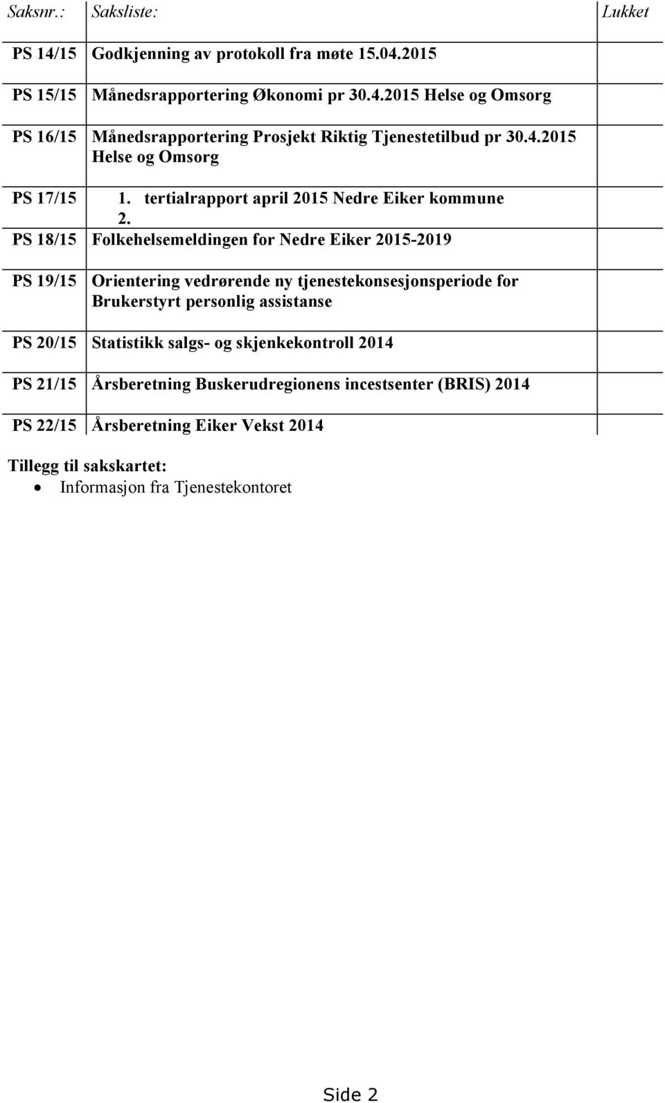 PS 18/15 Folkehelsemeldingen for Nedre Eiker 2015-2019 PS 19/15 Orientering vedrørende ny tjenestekonsesjonsperiode for Brukerstyrt personlig assistanse PS 20/15