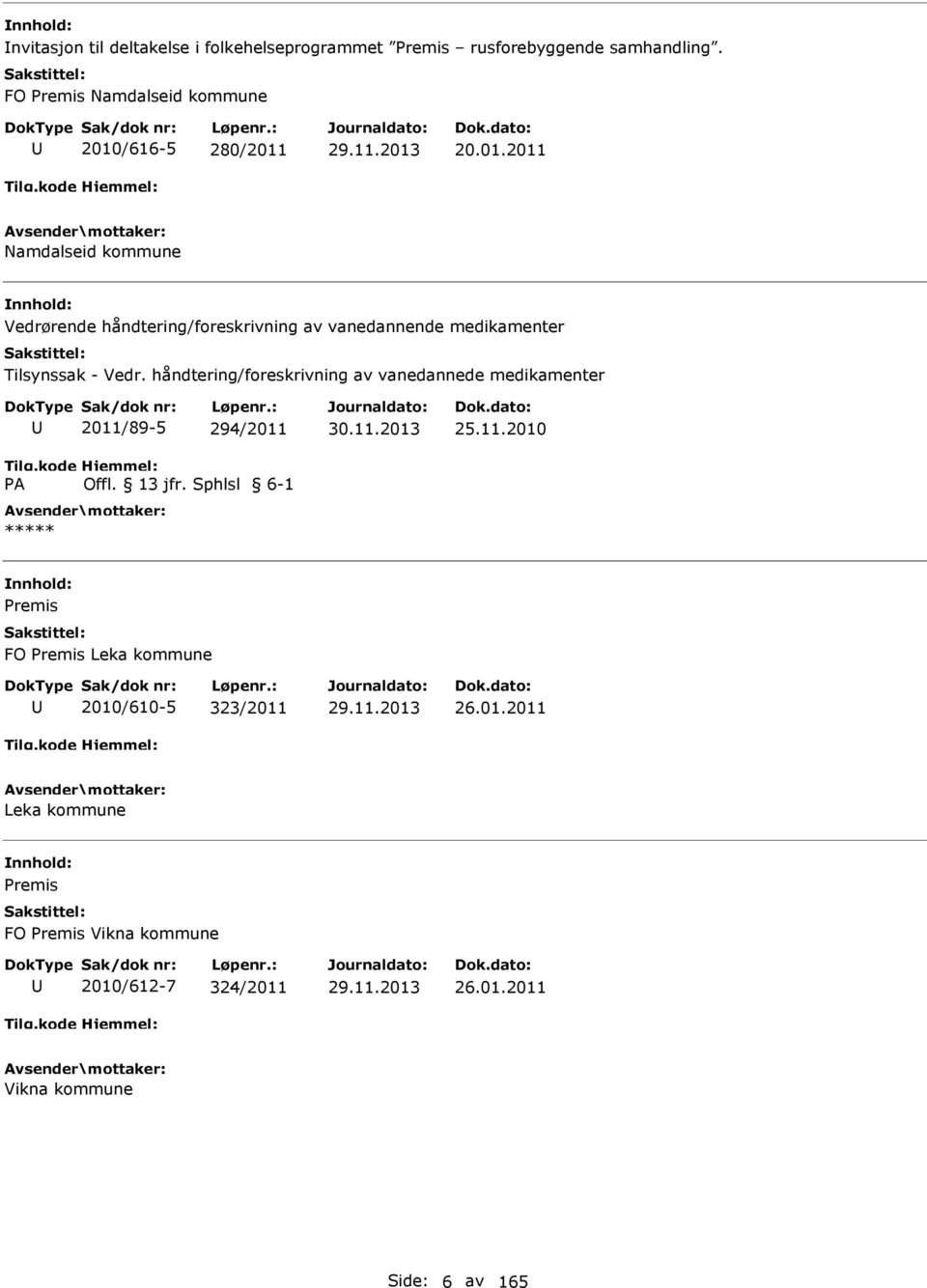 /616-5 280/2011 20.01.2011 Namdalseid kommune Vedrørende håndtering/foreskrivning av vanedannende medikamenter Tilsynssak - Vedr.