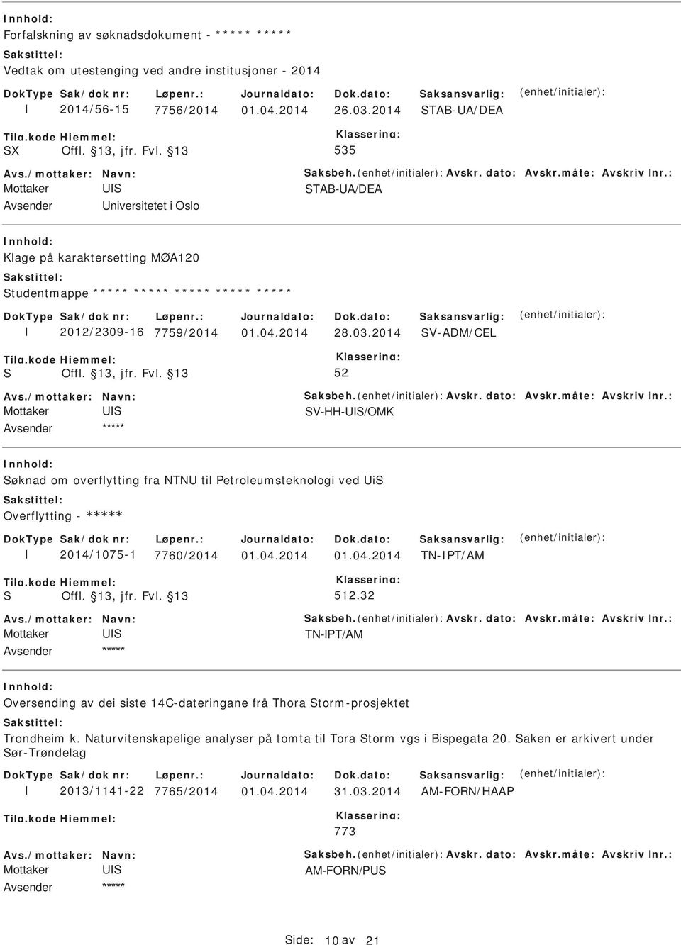 2014 V-ADM/CEL Avs./mottaker: Navn: aksbeh. Avskr. dato: Avskr.måte: Avskriv lnr.: V-HH-/OMK øknad om overflytting fra NTN til etroleumsteknologi ved i Overflytting - 2014/1075-1 7760/2014 01.04.