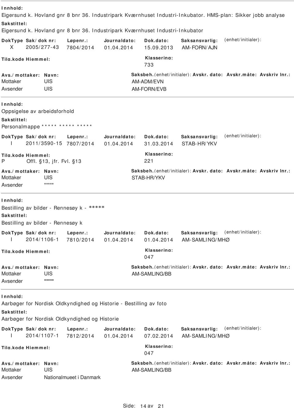 : AM-ADM/EVN AM-FORN/EVB Oppsigelse av arbeidsforhold ersonalmappe ***** ***** ***** 2011/3590-15 7807/2014 01.04.2014 31.03.2014 TAB-HR/YKV 221 Avs./mottaker: Navn: aksbeh. Avskr. dato: Avskr.