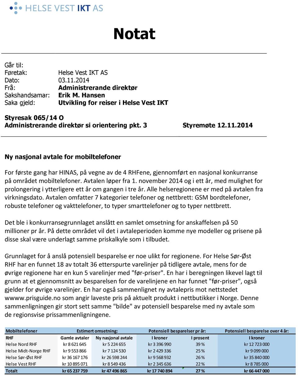 2014 Ny nasjonal avtale for mobiltelefoner For første gang har HINAS, på vegne av de 4 RHFene, gjennomført en nasjonal konkurranse på området mobiltelefoner. Avtalen løper fra 1.