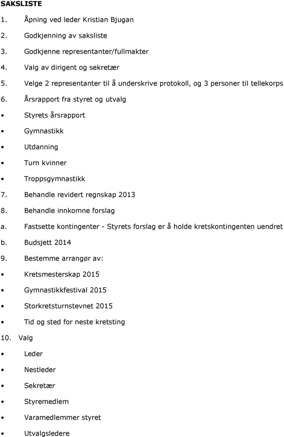 Årsrapport fra styret og utvalg Styrets årsrapport Gymnastikk Utdanning Turn kvinner Troppsgymnastikk 7. Behandle revidert regnskap 2013 8. Behandle innkomne forslag a.