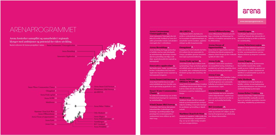 Vannklyngen med deltakende bedrifter i Arena forsterker samspillet og samarbeidet i regionale klynger med ambisjoner og potensial for videre utvikling. Kartet refererer til Arena-prosjekter i 2012.