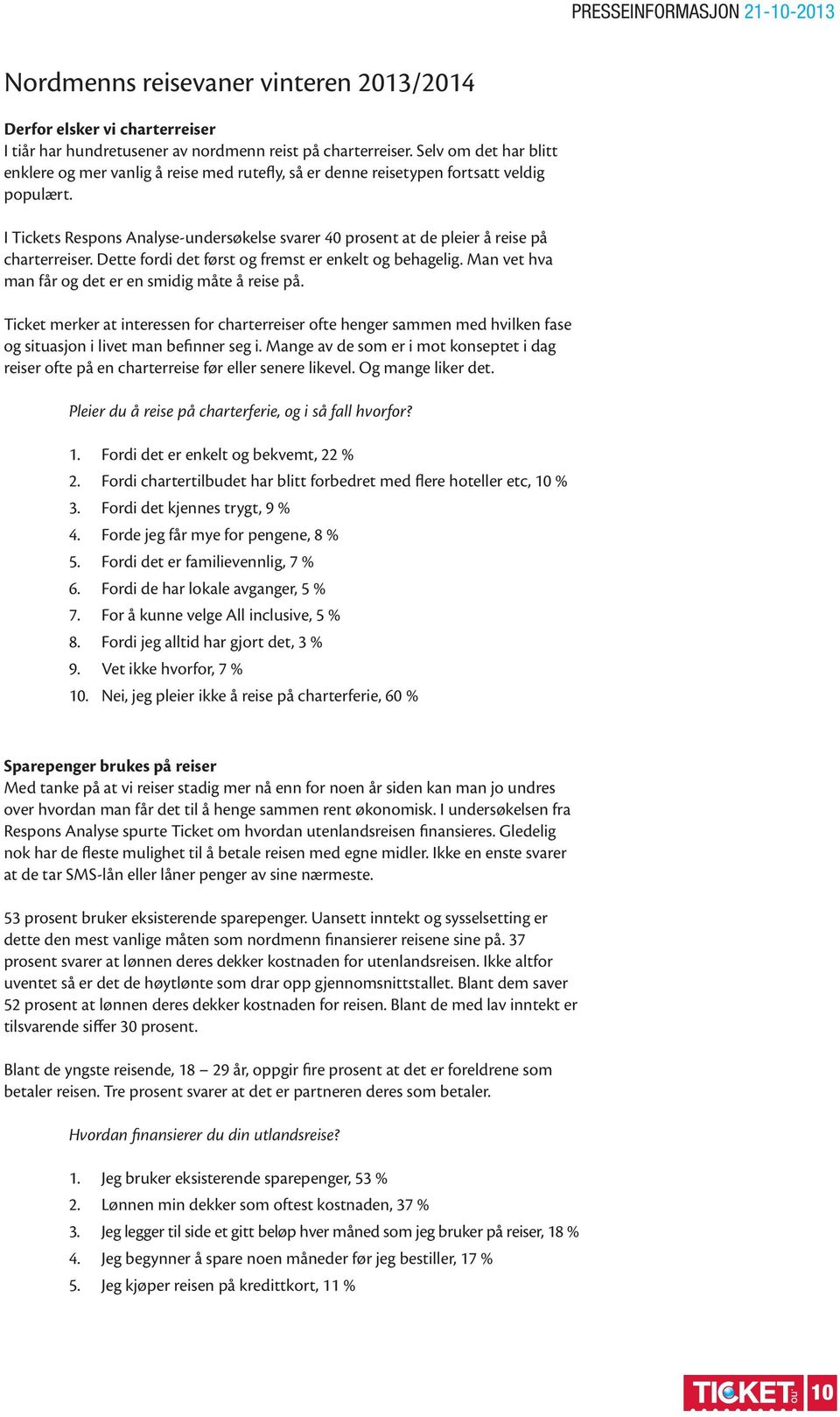 I Tickets Respons Analyse-undersøkelse svarer 40 prosent at de pleier å reise på charterreiser. Dette fordi det først og fremst er enkelt og behagelig.