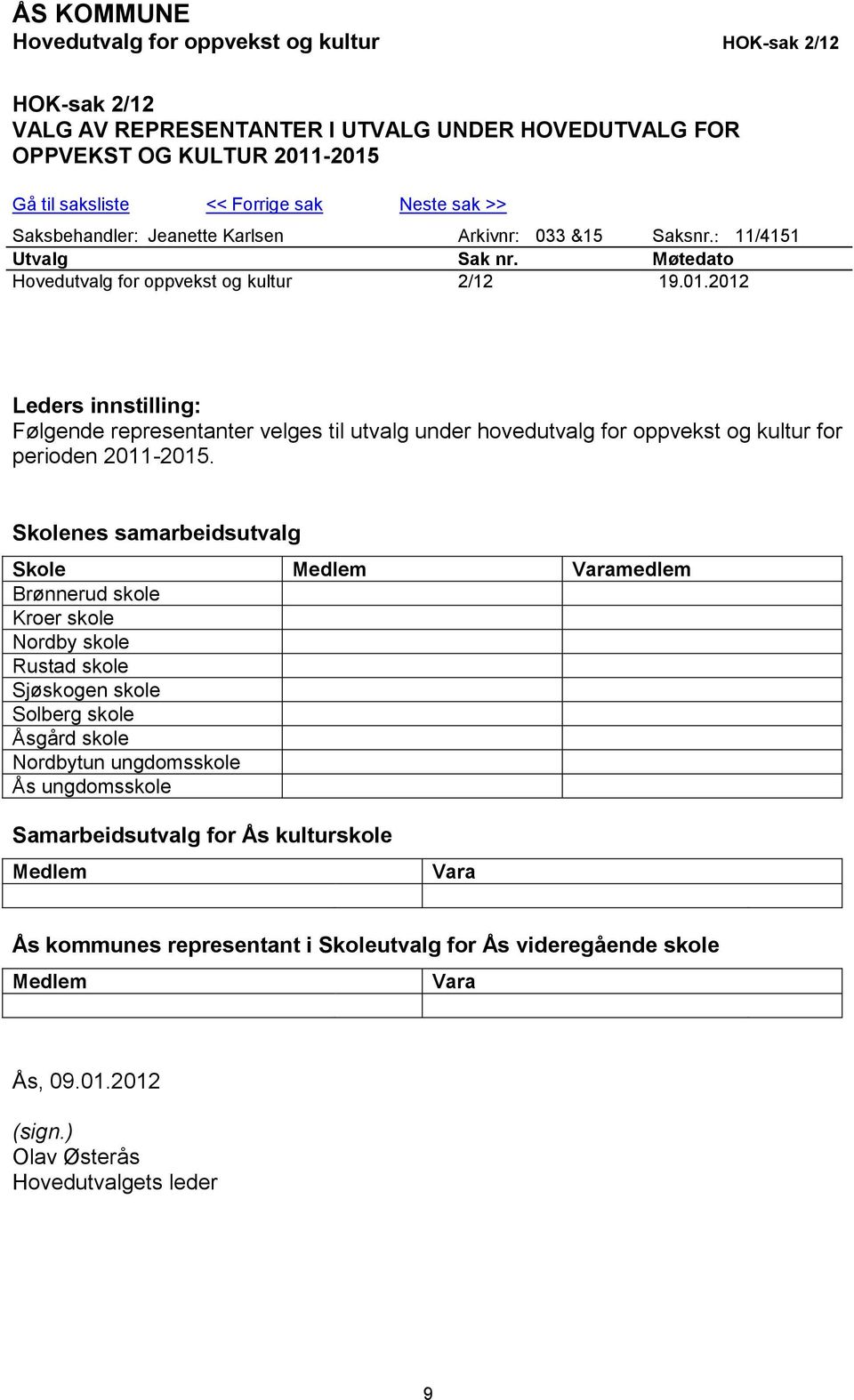 2012 Leders innstilling: Følgende representanter velges til utvalg under hovedutvalg for oppvekst og kultur for perioden 2011-2015.