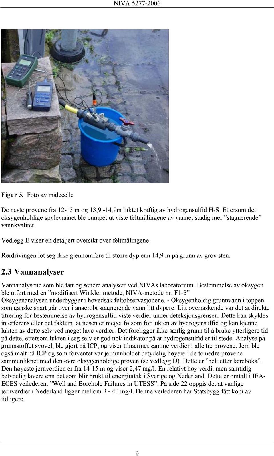 Rørdrivingen lot seg ikke gjennomføre til større dyp enn 14,9 m på grunn av grov sten. 2.3 Vannanalyser Vannanalysene som ble tatt og senere analysert ved NIVAs laboratorium.