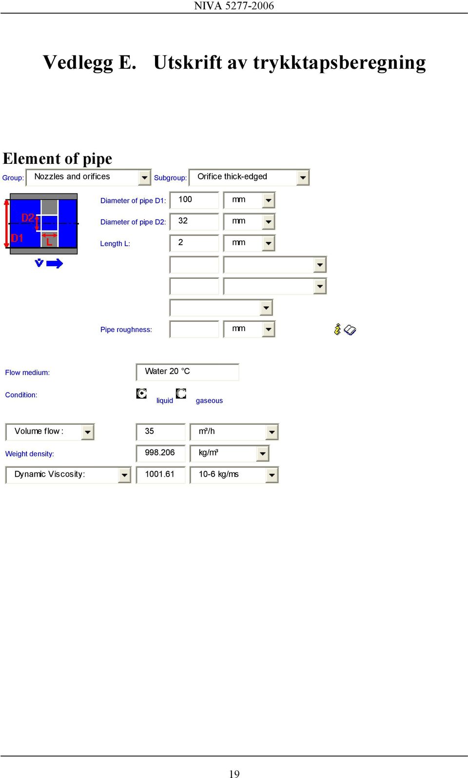 Orifice thick-edged Diameter of pipe D1: 100 mm Diameter of pipe D2: 32 mm Length L: 2