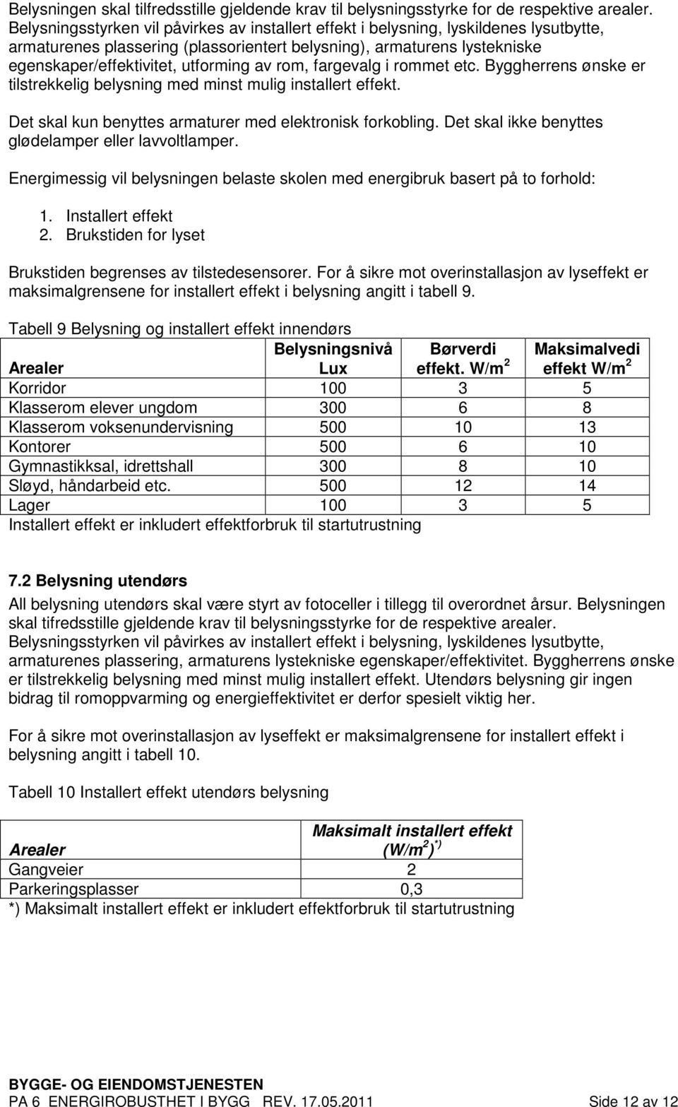 av rom, fargevalg i rommet etc. Byggherrens ønske er tilstrekkelig belysning med minst mulig installert effekt. Det skal kun benyttes armaturer med elektronisk forkobling.