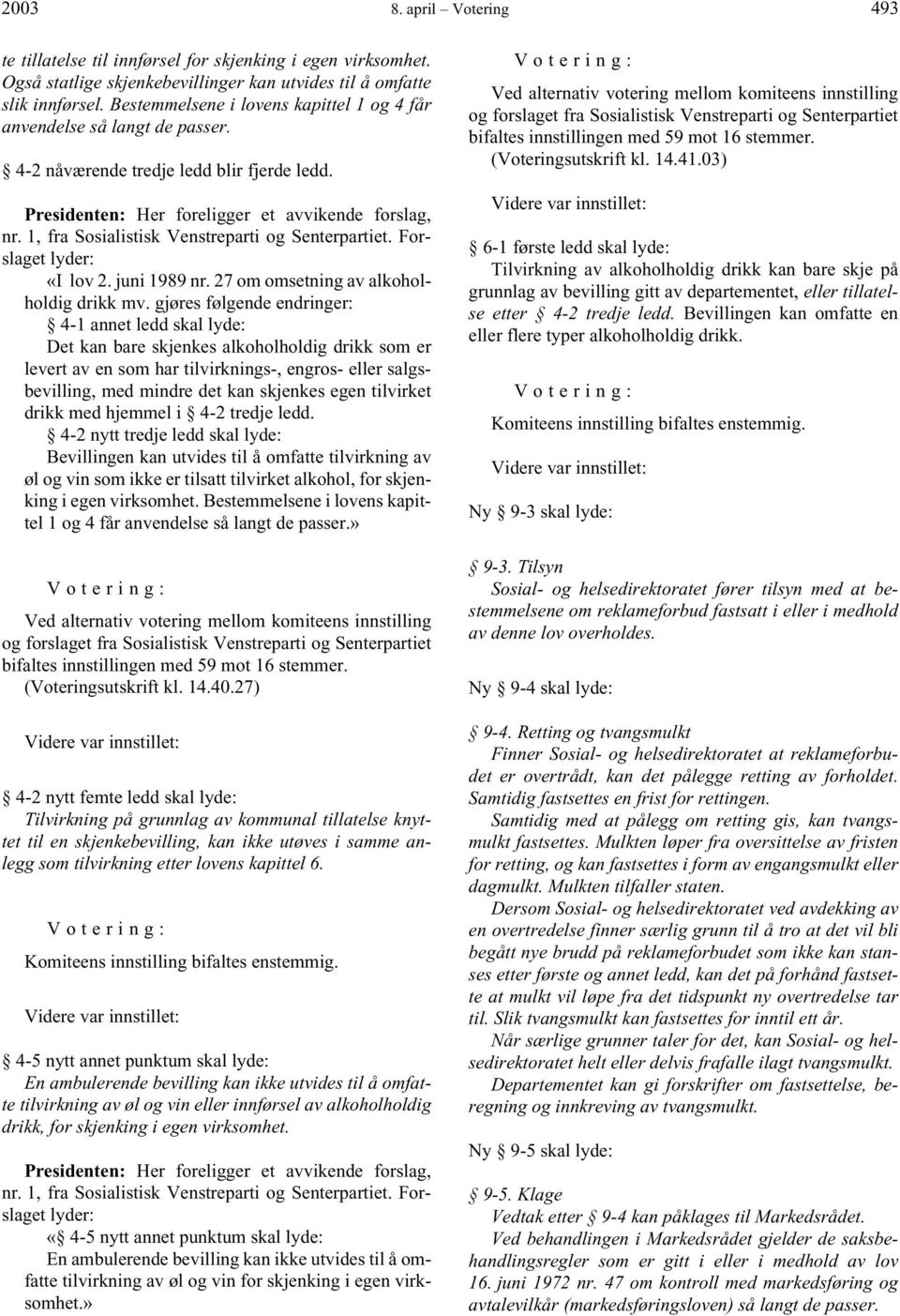 1, fra Sosialistisk Venstreparti og Senterpartiet. Forslaget lyder: «I lov 2. juni 1989 nr. 27 om omsetning av alkoholholdig drikk mv.