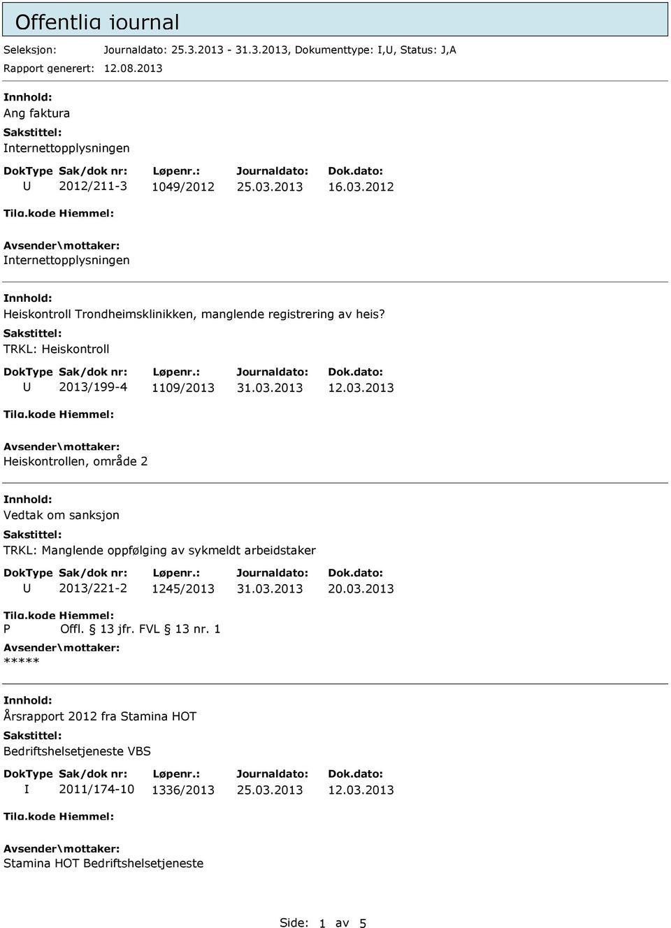 2012 nternettopplysningen Heiskontroll Trondheimsklinikken, manglende registrering av heis?