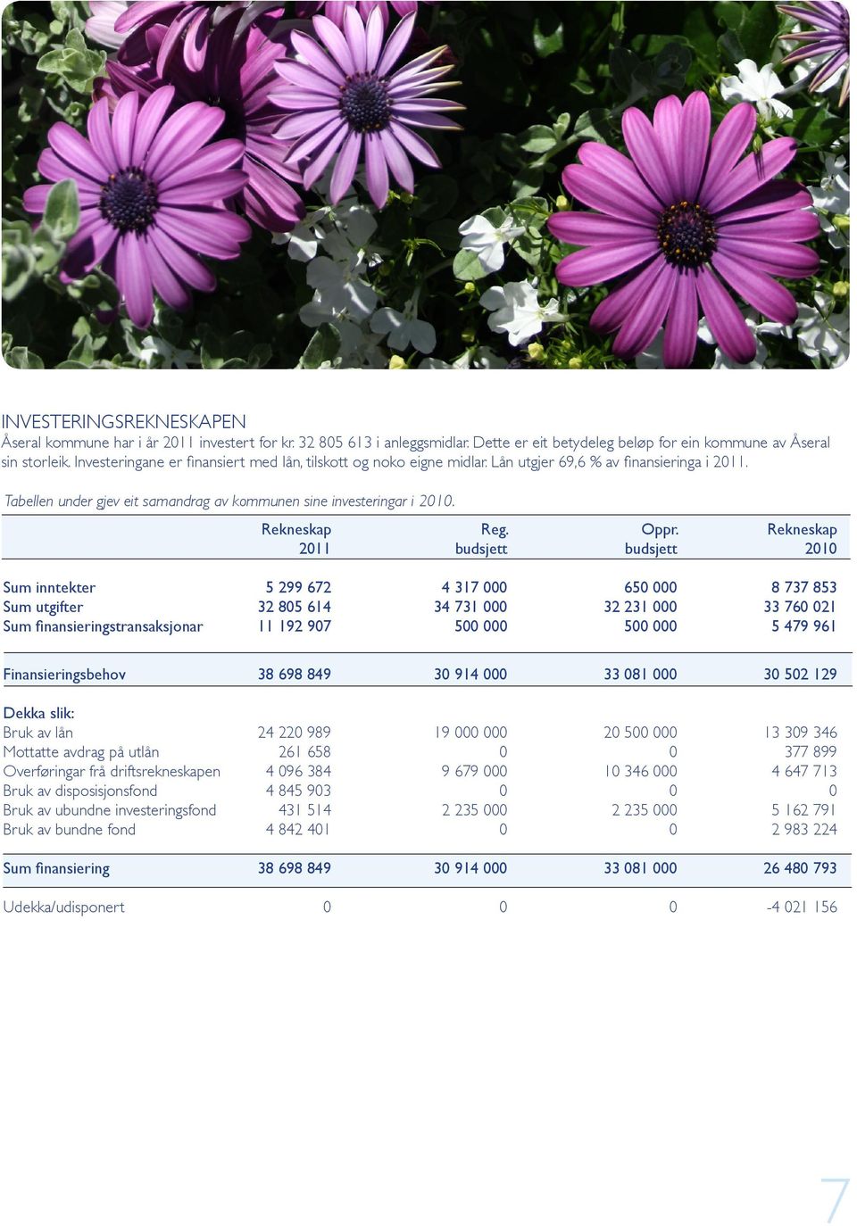 Oppr. Rekneskap 2011 budsjett budsjett 2010 Sum inntekter 5 299 672 4 317 000 650 000 8 737 853 Sum utgifter 32 805 614 34 731 000 32 231 000 33 760 021 Sum finansieringstransaksjonar 11 192 907 500