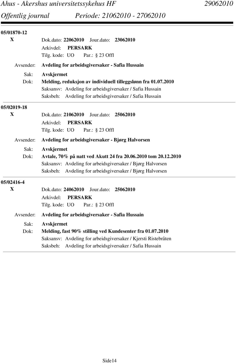 dato: 25062010 Avdeling for arbeidsgiversaker - Bjørg Halvorsen Avtale, 70% på natt ved Akutt 24 fra 20.06.2010 tom 20.12.