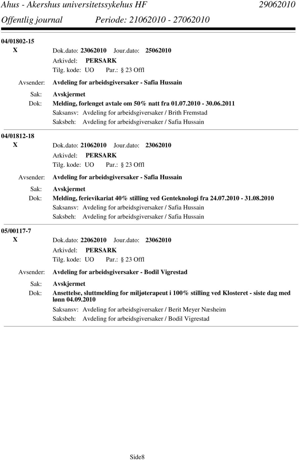 2010 Saksansv: Avdeling for arbeidsgiversaker / Safia Hussain Saksbeh: Avdeling for arbeidsgiversaker / Safia Hussain 05/00117-7 X Dok.dato: 22062010 Jour.