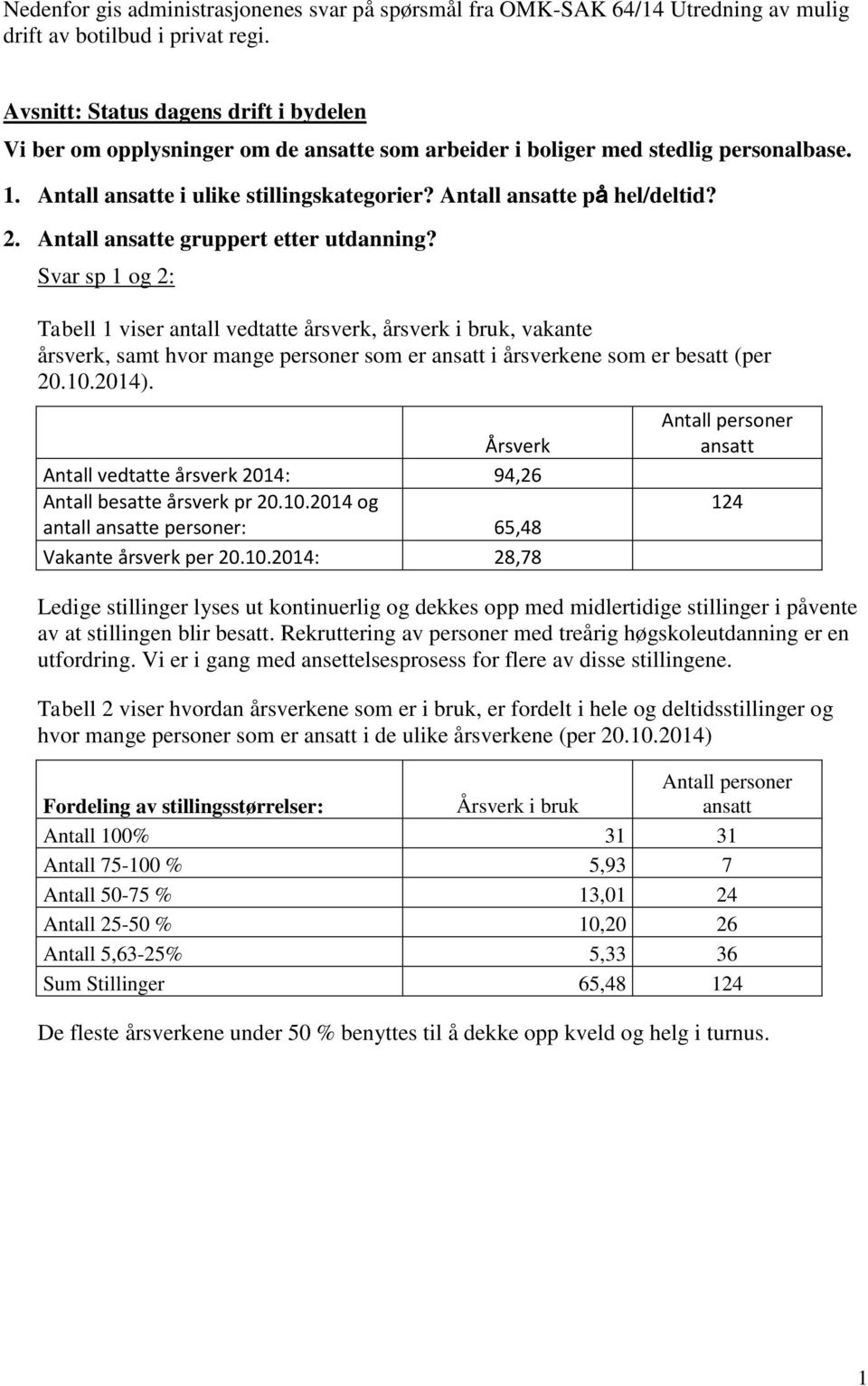 Antall ansatte på hel/deltid? 2. Antall ansatte gruppert etter utdanning?