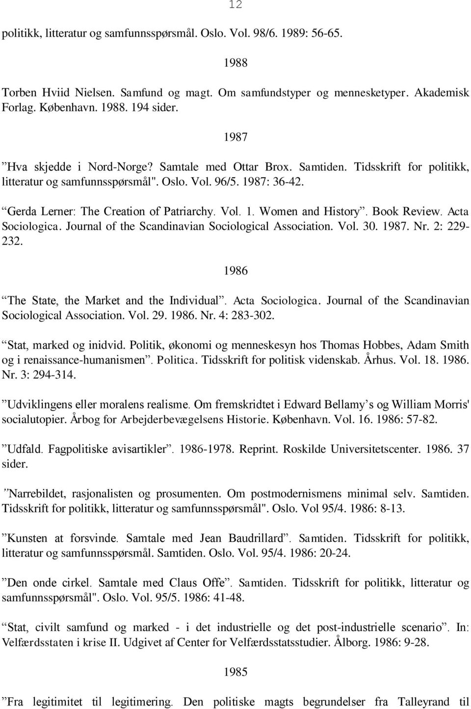 Book Review. Acta Sociologica. Journal of the Scandinavian Sociological Association. Vol. 30. 1987. Nr. 2: 229-232. 1986 The State, the Market and the Individual. Acta Sociologica. Journal of the Scandinavian Sociological Association. Vol. 29.