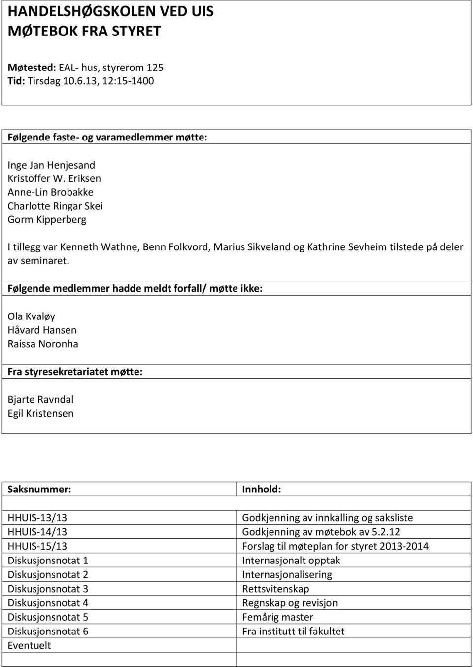 Følgende medlemmer hadde meldt forfall/ møtte ikke: Ola Kvaløy Håvard Hansen Raissa Noronha Fra styresekretariatet møtte: Bjarte Ravndal Egil Kristensen Saksnummer: Innhold: HHUIS-13/13 Godkjenning