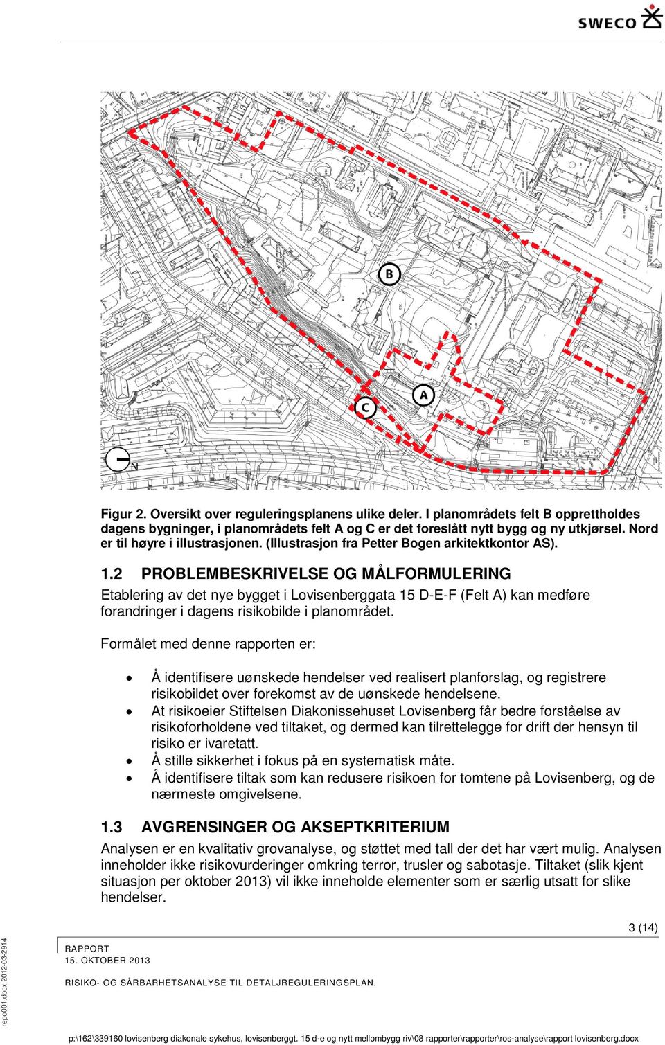 2 PROBLEMBESKRIVELSE OG MÅLFORMULERING Etablering av det nye bygget i Lovisenberggata 15 D-E-F (Felt A) kan medføre forandringer i dagens risikobilde i planområdet.