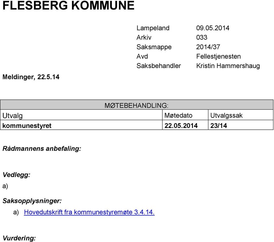 Hammershaug MØTEBEHANDLING: Utvalg Møtedato Utvalgssak kommunestyret 22.05.