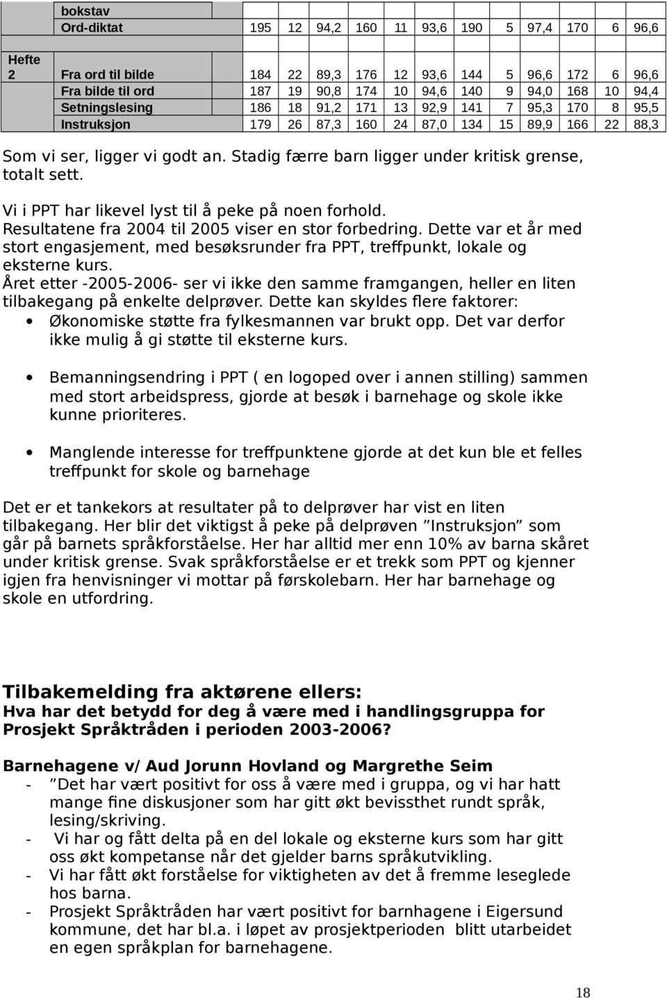 Stadig færre barn ligger under kritisk grense, totalt sett. Vi i PPT har likevel lyst til å peke på noen forhold. Resultatene fra 2004 til 2005 viser en stor forbedring.