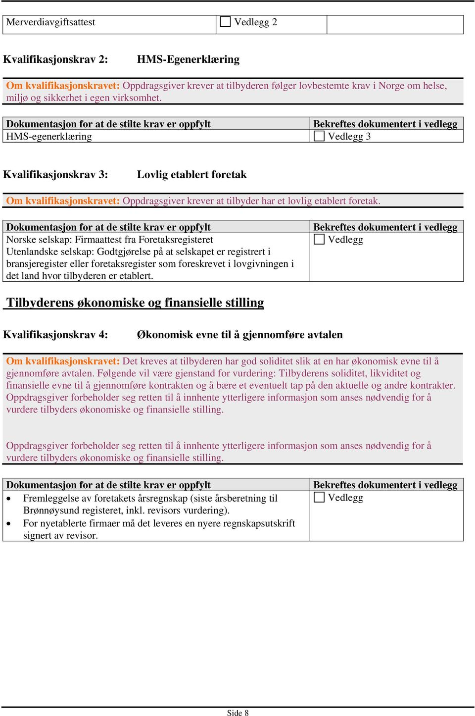 Dokumentasjon for at de stilte krav er oppfylt Bekreftes dokumentert i vedlegg HMS-egenerklæring Vedlegg 3 Kvalifikasjonskrav 3: Lovlig etablert foretak Om kvalifikasjonskravet: Oppdragsgiver krever