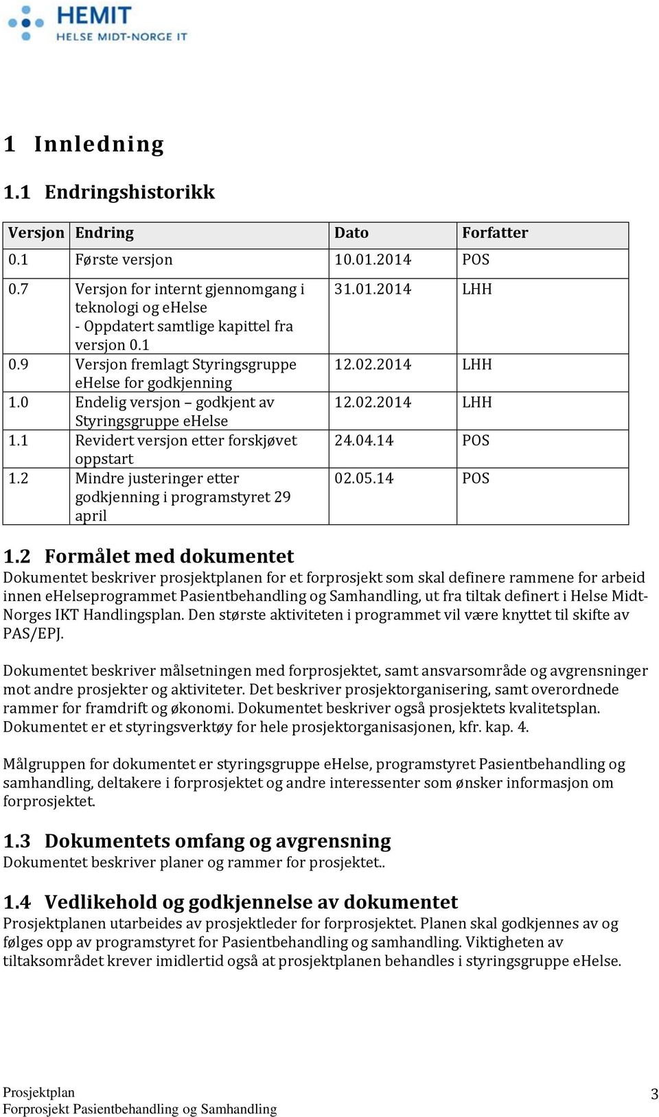 0 Endelig versjon godkjent av Styringsgruppe ehelse 1.1 Revidert versjon etter forskjøvet oppstart 1.2 Mindre justeringer etter godkjenning i programstyret 29 april 31.01.2014 LHH 12.02.2014 LHH 12.02.2014 LHH 24.