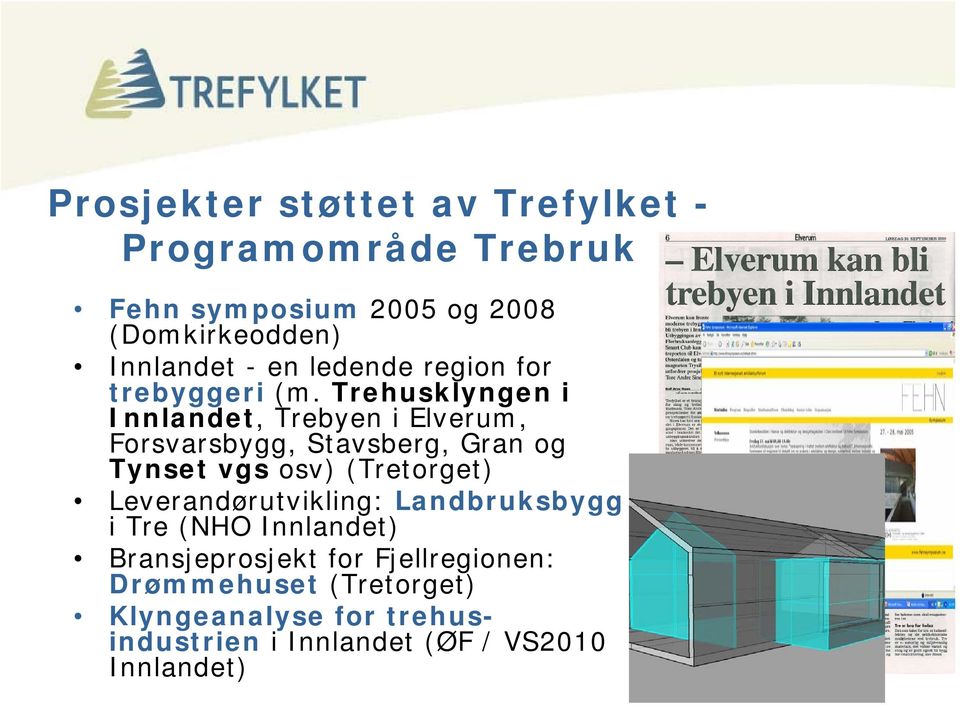 Trehusklyngen i Innlandet, Trebyen i Elverum, Forsvarsbygg, Stavsberg, Gran og Tynset vgs osv) (Tretorget)