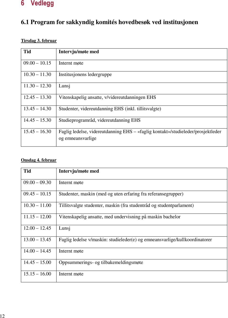 30 Faglig ledelse, videreutdanning EHS «faglig kontakt»/studieleder/prosjektleder og emneansvarlige Onsdag 4. februar Tid Intervju/møte med 09.00 09.30 Internt møte 09.45 10.