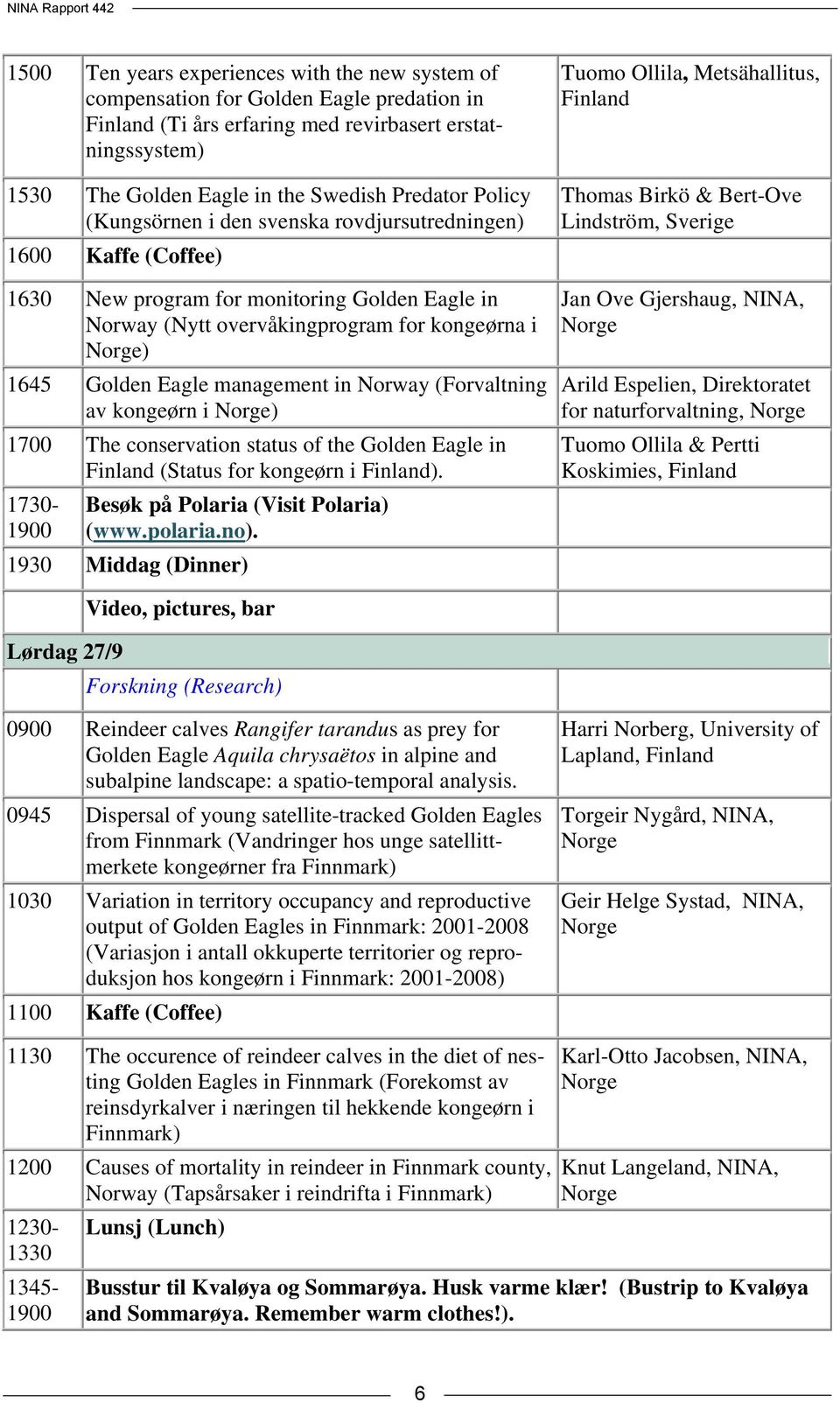 1500 Ten years experiences with the new system of compensation for Golden Eagle predation in Finland (Ti års erfaring med revirbasert erstatningssystem) 1730-1900 Besøk på Polaria (Visit Polaria)