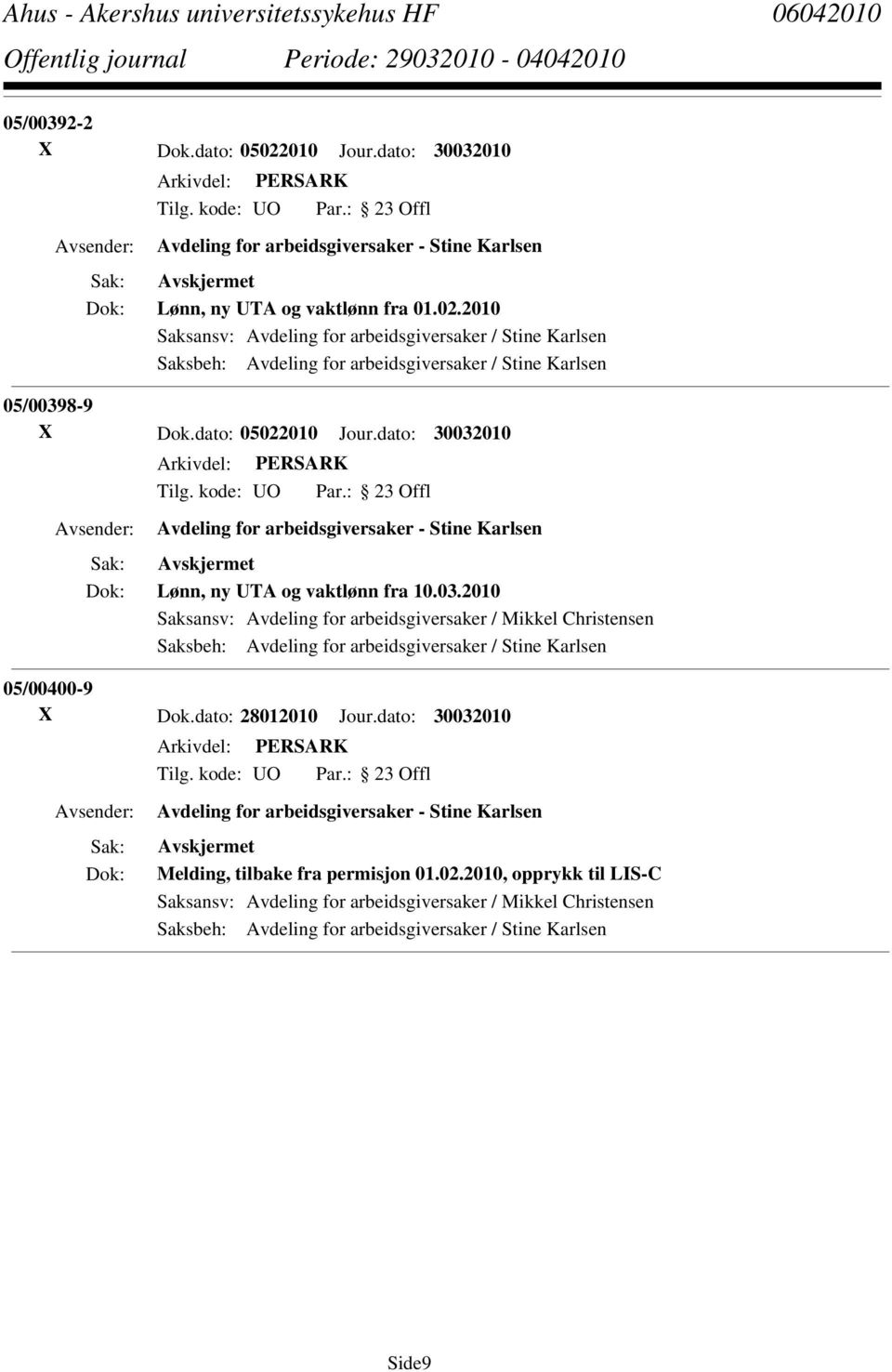 dato: 28012010 Jour.dato: 30032010 Melding, tilbake fra permisjon 01.02.