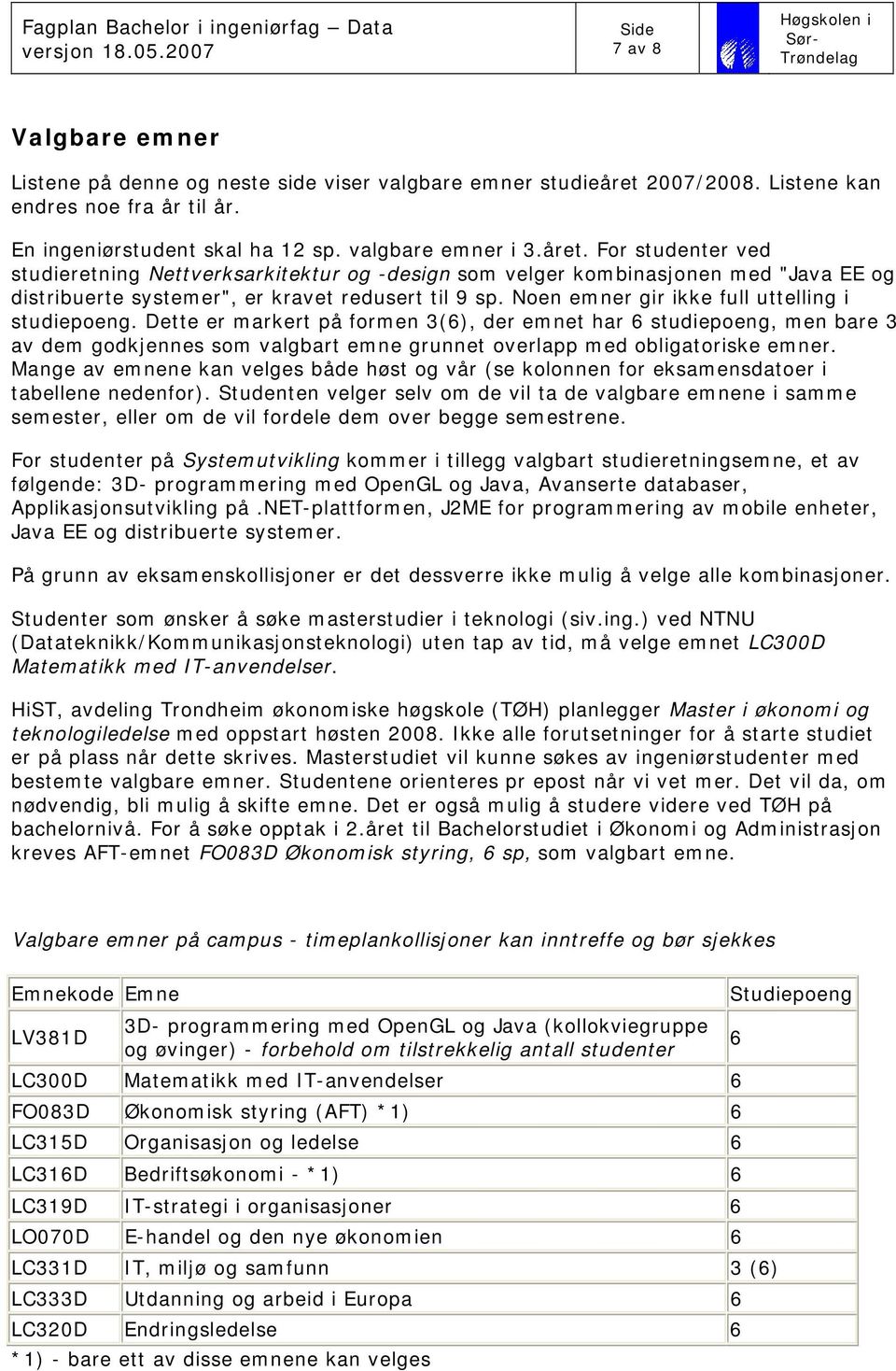 For studenter ved studieretning Nettverksarkitektur og -design som velger kombinasjonen med "Java EE og distribuerte systemer", er kravet redusert til 9 sp.