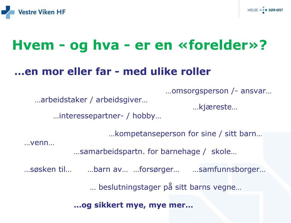 hobby omsorgsperson /- ansvar kjæreste venn kompetanseperson for sine / sitt barn