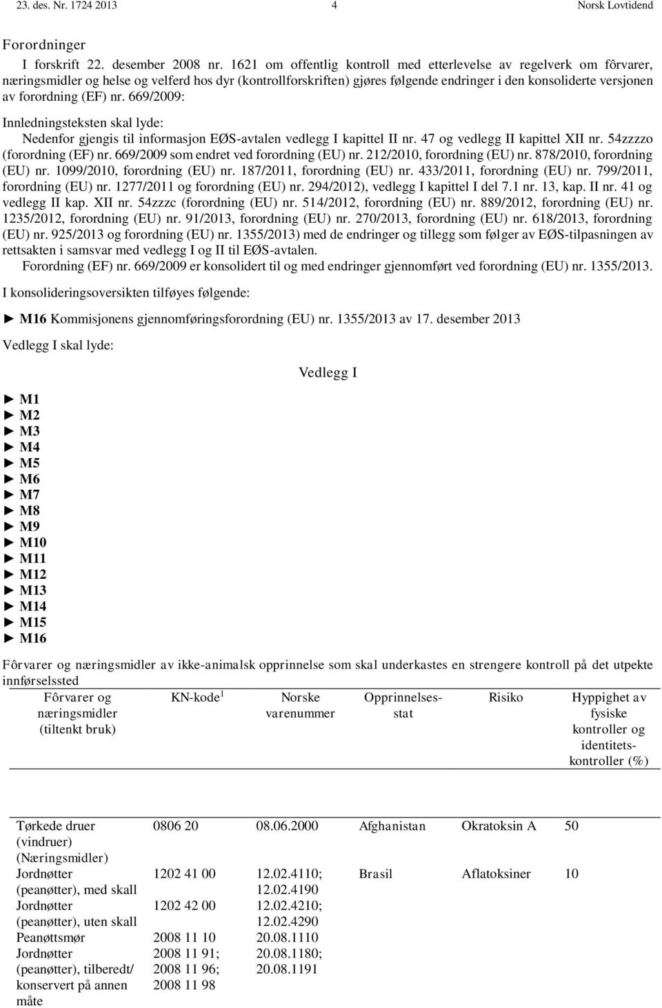 forordning (EF) nr. 669/2009: Innledningsteksten skal lyde: Nedenfor gjengis til informasjon EØS-avtalen vedlegg I kapittel II nr. 47 og vedlegg II kapittel XII nr. 54zzzzo (forordning (EF) nr.