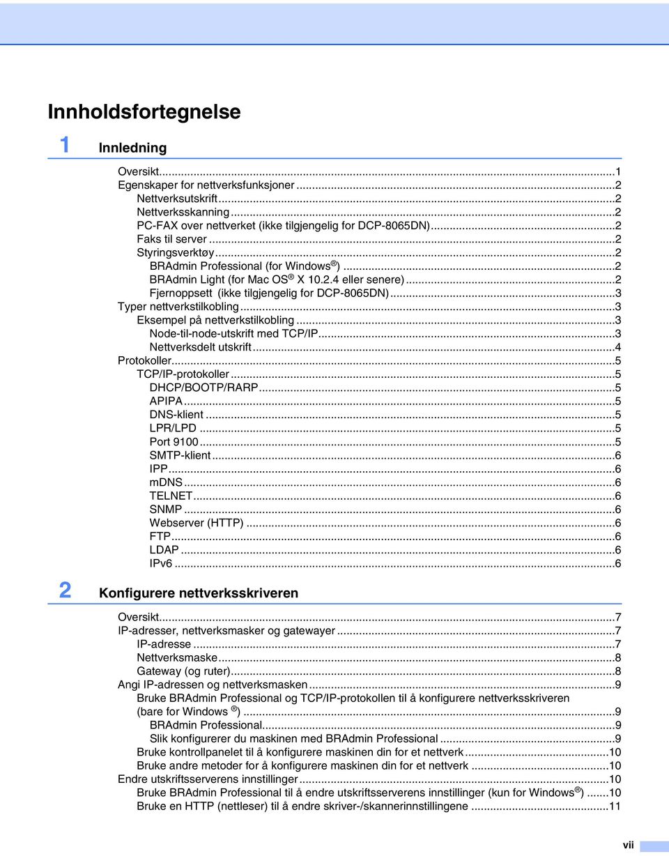 ..3 Typer nettverkstilkobling...3 Eksempel på nettverkstilkobling...3 Node-til-node-utskrift med TCP/IP...3 Nettverksdelt utskrift...4 Protokoller...5 TCP/IP-protokoller...5 DHCP/BOOTP/RARP...5 APIPA.