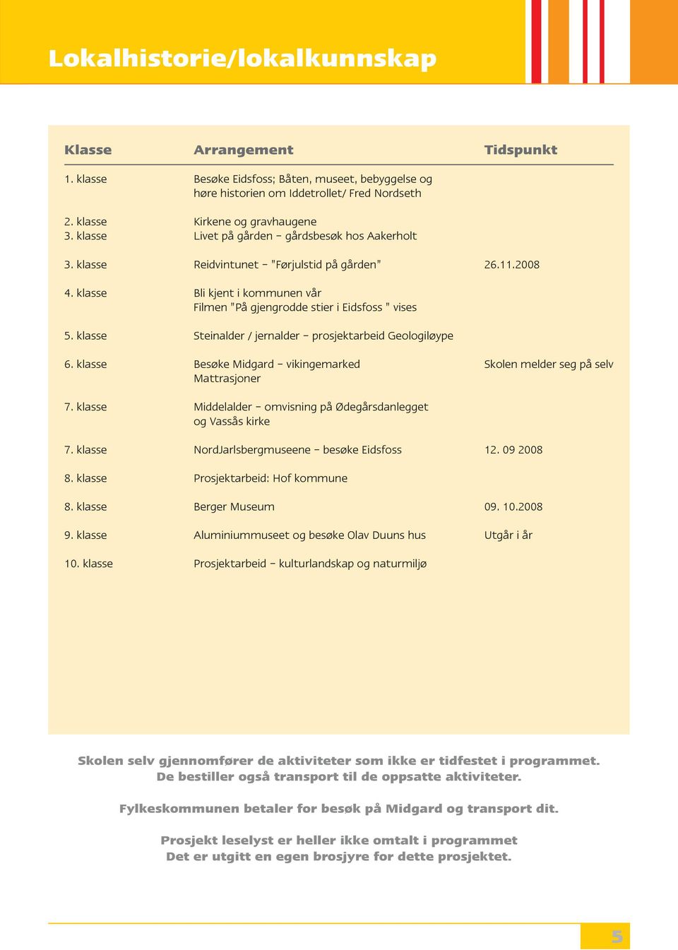 klasse Steinalder / jernalder prosjektarbeid Geologiløype 6. klasse Besøke Midgard vikingemarked Skolen melder seg på selv Mattrasjoner 7.