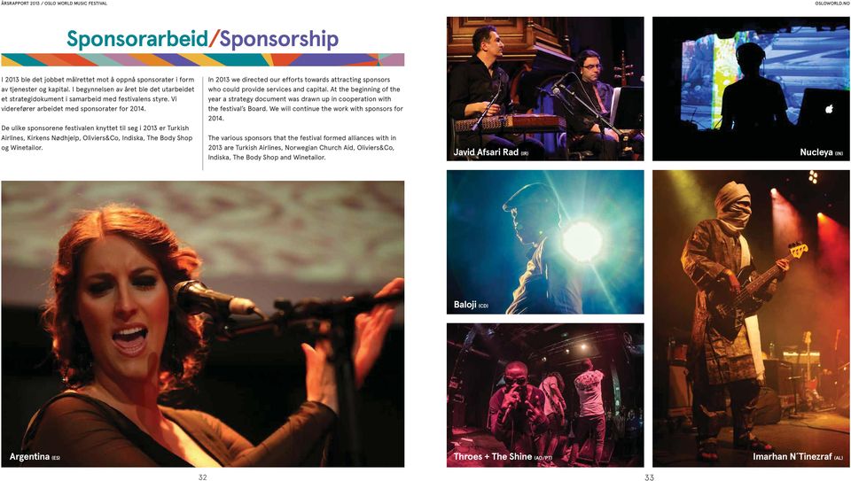 De ulike sponsorene festivalen knyttet til seg i 2013 er Turkish Airlines, Kirkens Nødhjelp, Oliviers&Co, Indiska, The Body Shop og Winetailor.