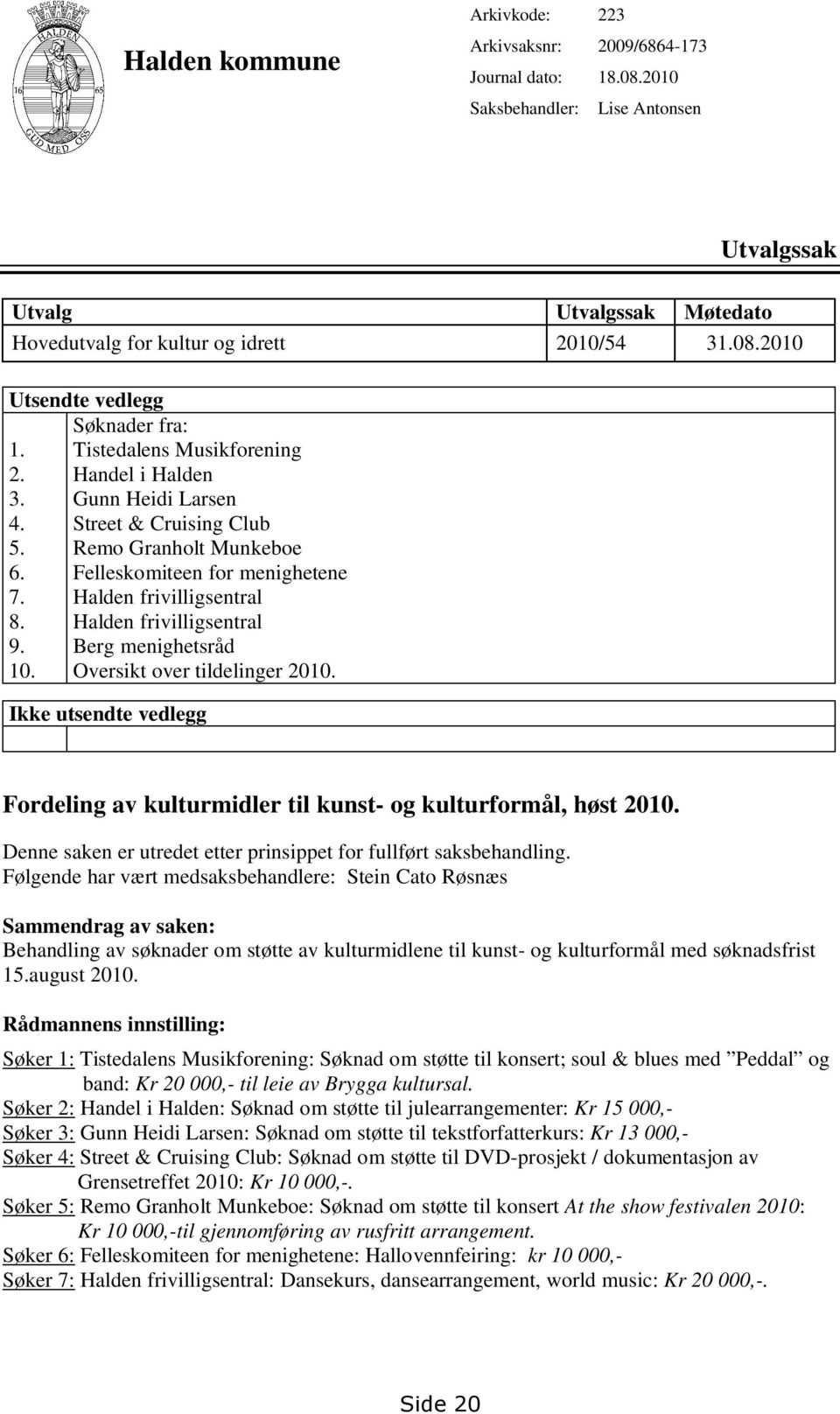 Søknader fra: Tistedalens Musikforening Handel i Halden Gunn Heidi Larsen Street & Cruising Club Remo Granholt Munkeboe Felleskomiteen for menighetene Halden frivilligsentral Halden frivilligsentral