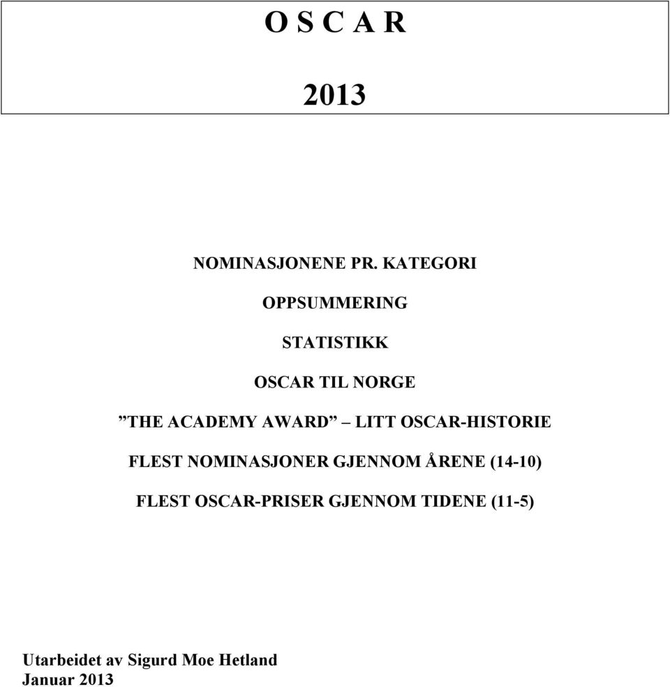 AWARD LITT OSCAR-HISTORIE FLEST NOMINASJONER GJENNOM ÅRENE