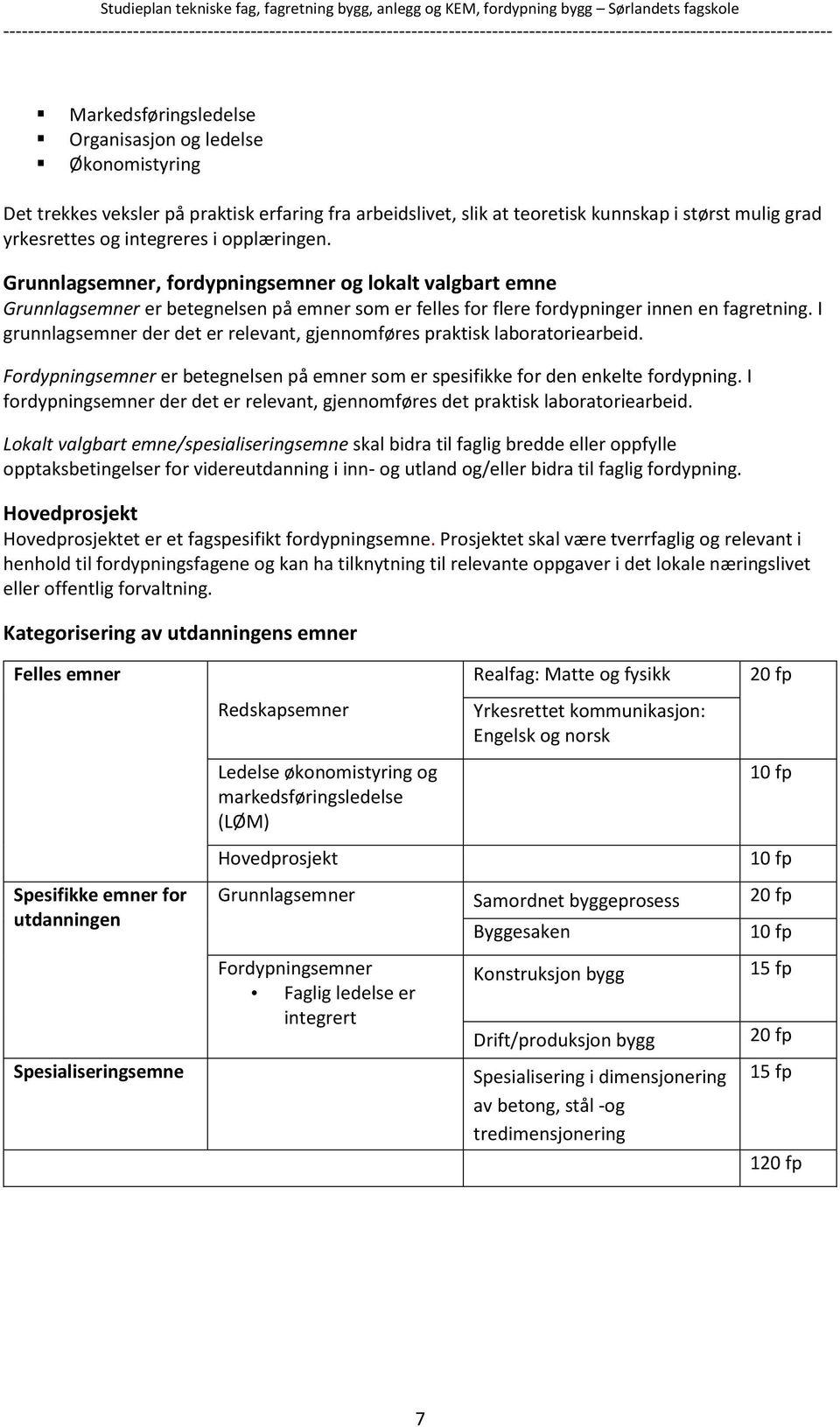 I grunnlagsemner der det er relevant, gjennomføres praktisk laboratoriearbeid. Fordypningsemner er betegnelsen på emner som er spesifikke for den enkelte fordypning.