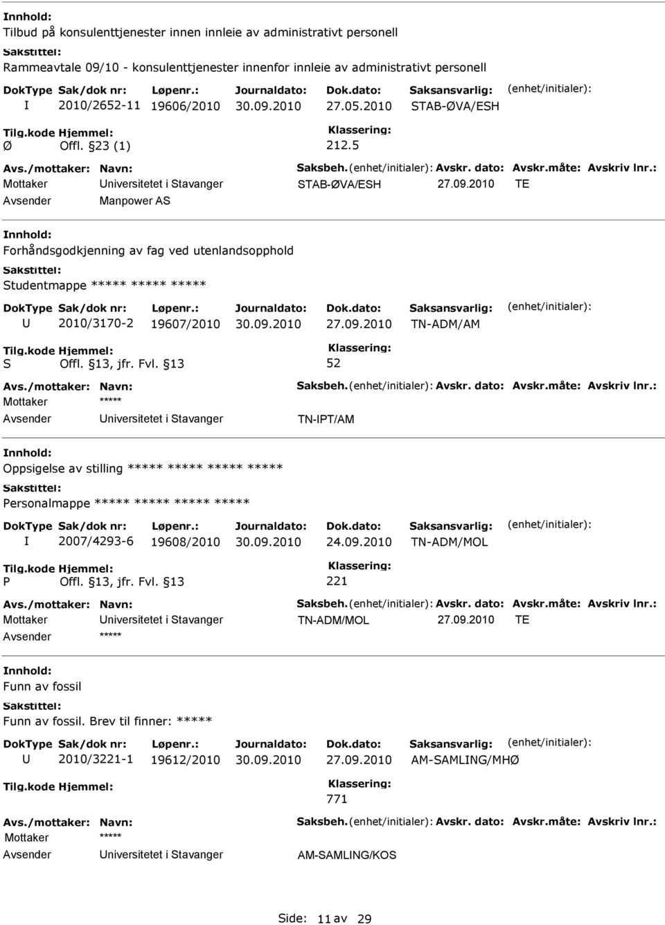 5 Mottaker niversitetet i tavanger TAB-ØVA/EH TE Manpower A Forhåndsgodkjenning av fag ved utenlandsopphold tudentmappe ***** ***** ***** 2010/3170-2 19607/2010 TN-ADM/AM niversitetet i