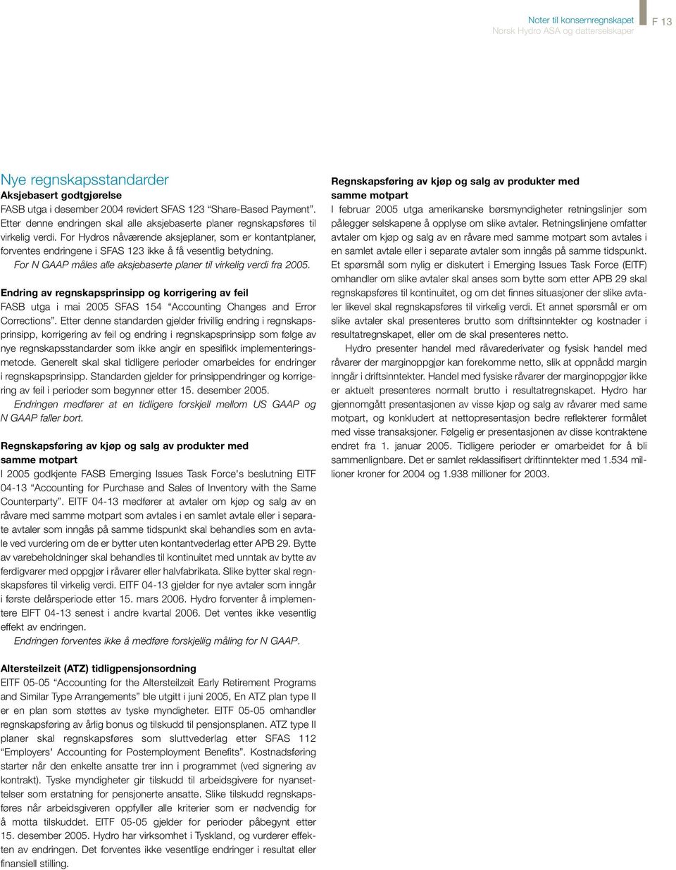 For Hydros nåværende aksjeplaner, som er kontantplaner, forventes endringene i SFAS 123 ikke å få vesentlig betydning. For N GAAP måles alle aksjebaserte planer til virkelig verdi fra 2005.