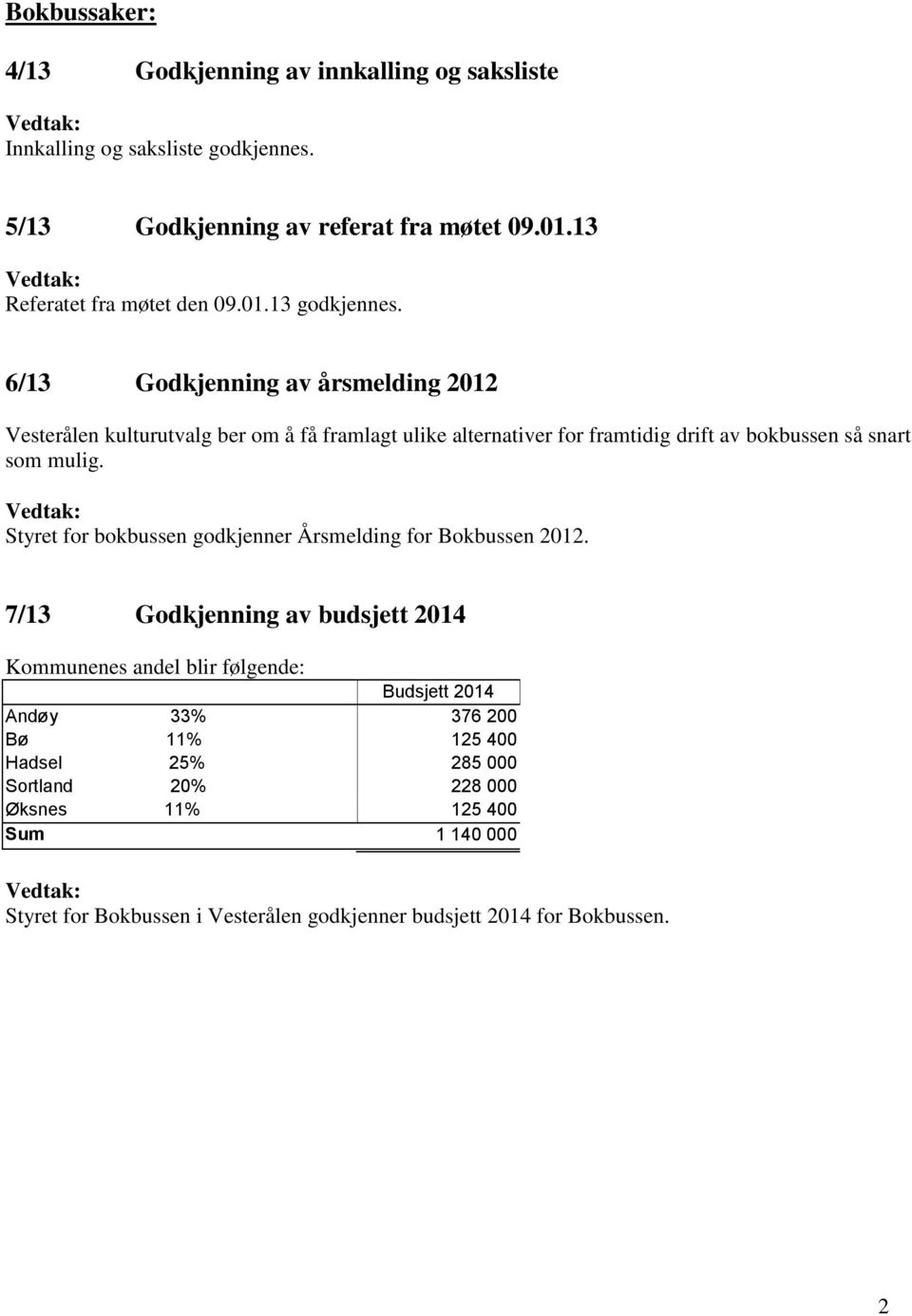 6/13 Godkjenning av årsmelding 2012 Vesterålen kulturutvalg ber om å få framlagt ulike alternativer for framtidig drift av bokbussen så snart som mulig.