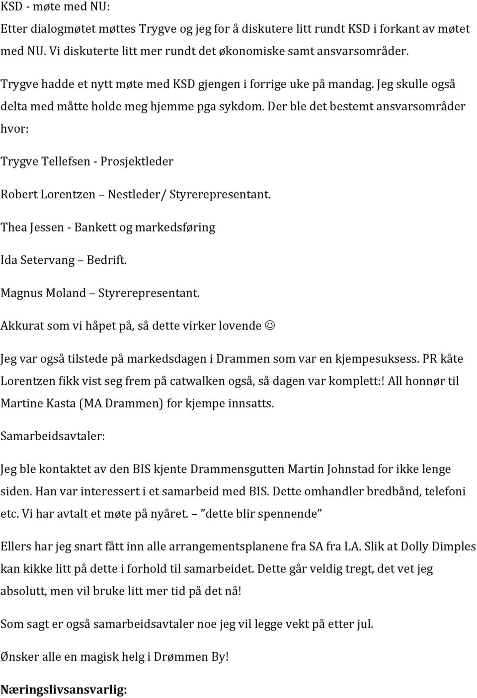 Der ble det bestemt ansvarsområder hvor: Trygve Tellefsen - Prosjektleder Robert Lorentzen Nestleder/ Styrerepresentant. Thea Jessen - Bankett og markedsføring Ida Setervang Bedrift.