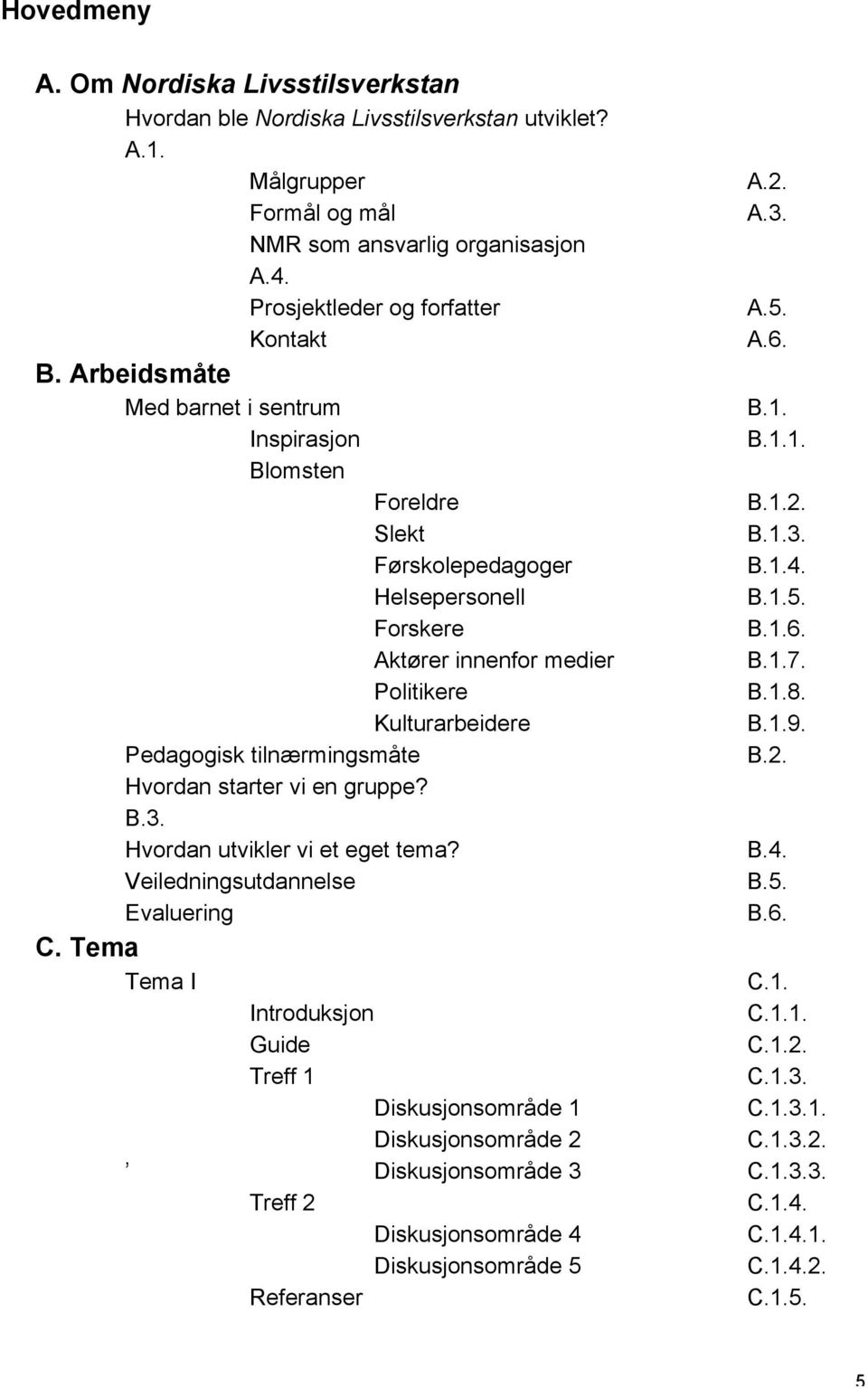 1.7. Politikere B.1.8. Kulturarbeidere B.1.9. Pedagogisk tilnærmingsmåte B.2. Hvordan starter vi en gruppe? B.3. Hvordan utvikler vi et eget tema? B.4. Veiledningsutdannelse B.5. Evaluering B.6. C.