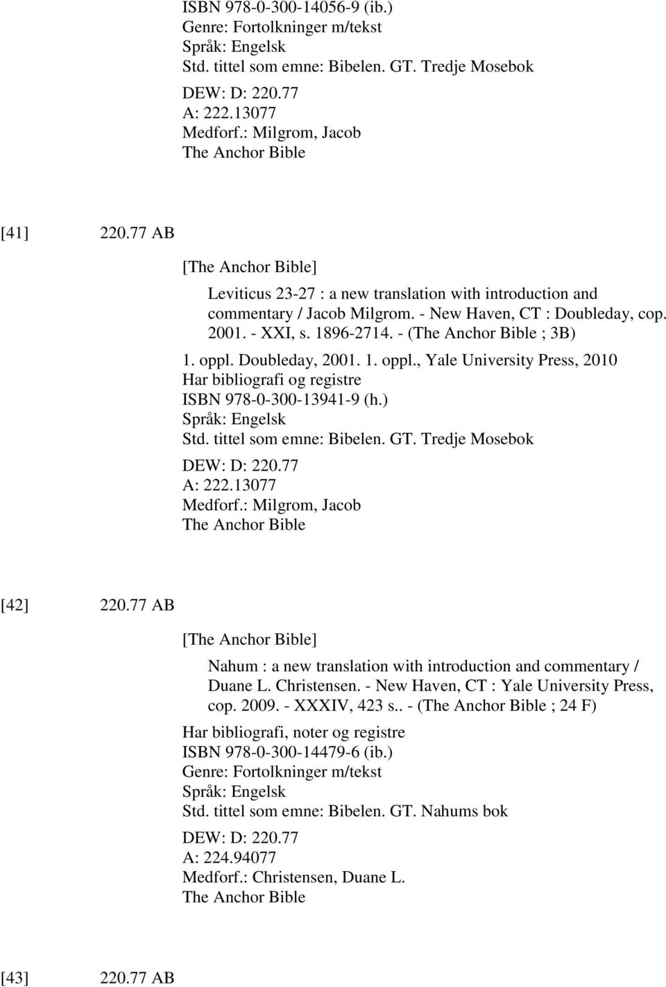 oppl. Doubleday, 2001. 1. oppl., Yale University Press, 2010 Har bibliografi og registre ISBN 978-0-300-13941-9 (h.) Std. tittel som emne: Bibelen. GT. Tredje Mosebok DEW: D: 220.77 A: 222.