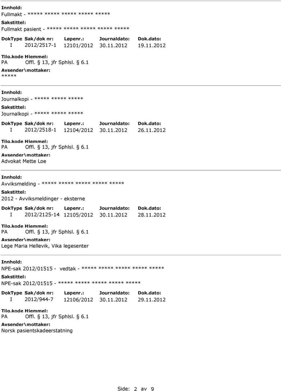 2012 nnhold: Avviksmelding - ***** ***** ***** ***** ***** 2012 - Avviksmeldinger - eksterne 2012/2125-14 12105/2012 Lege Maria Hellevik, Vika